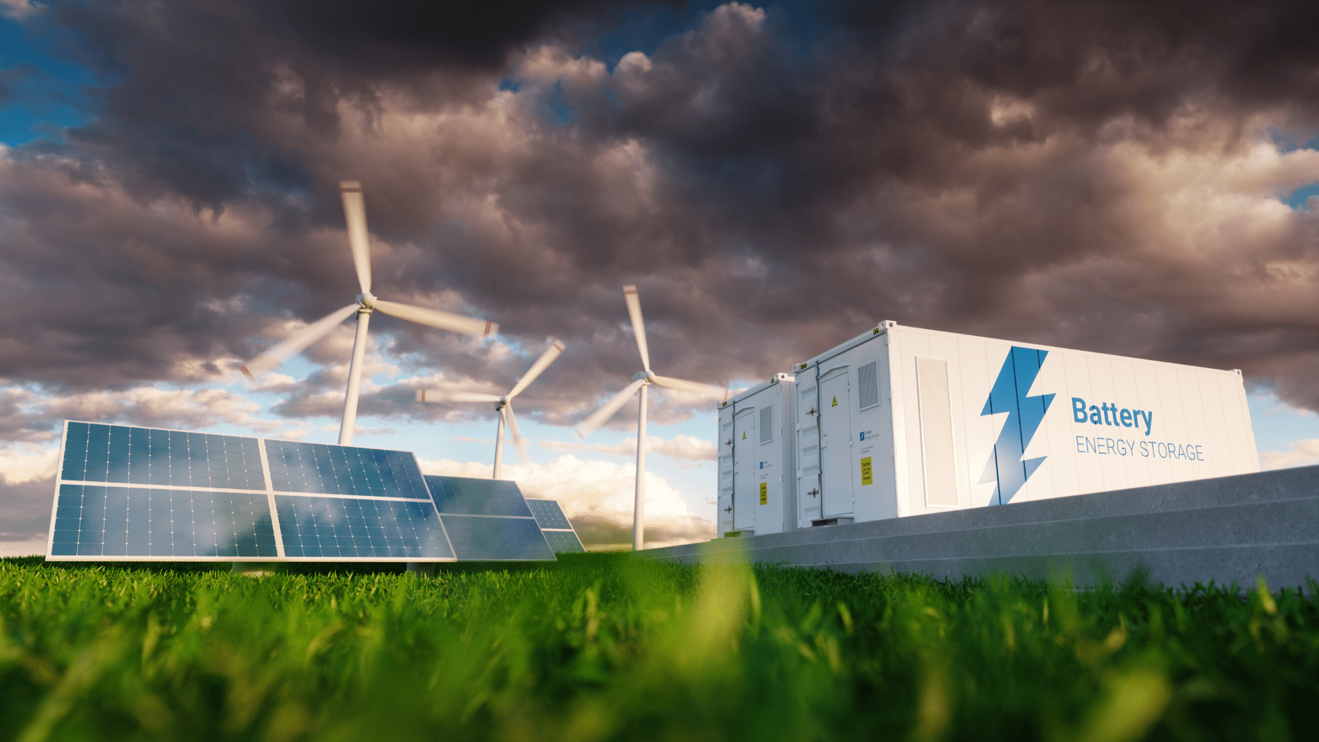 energy storage facility including solar panels and wind turbines