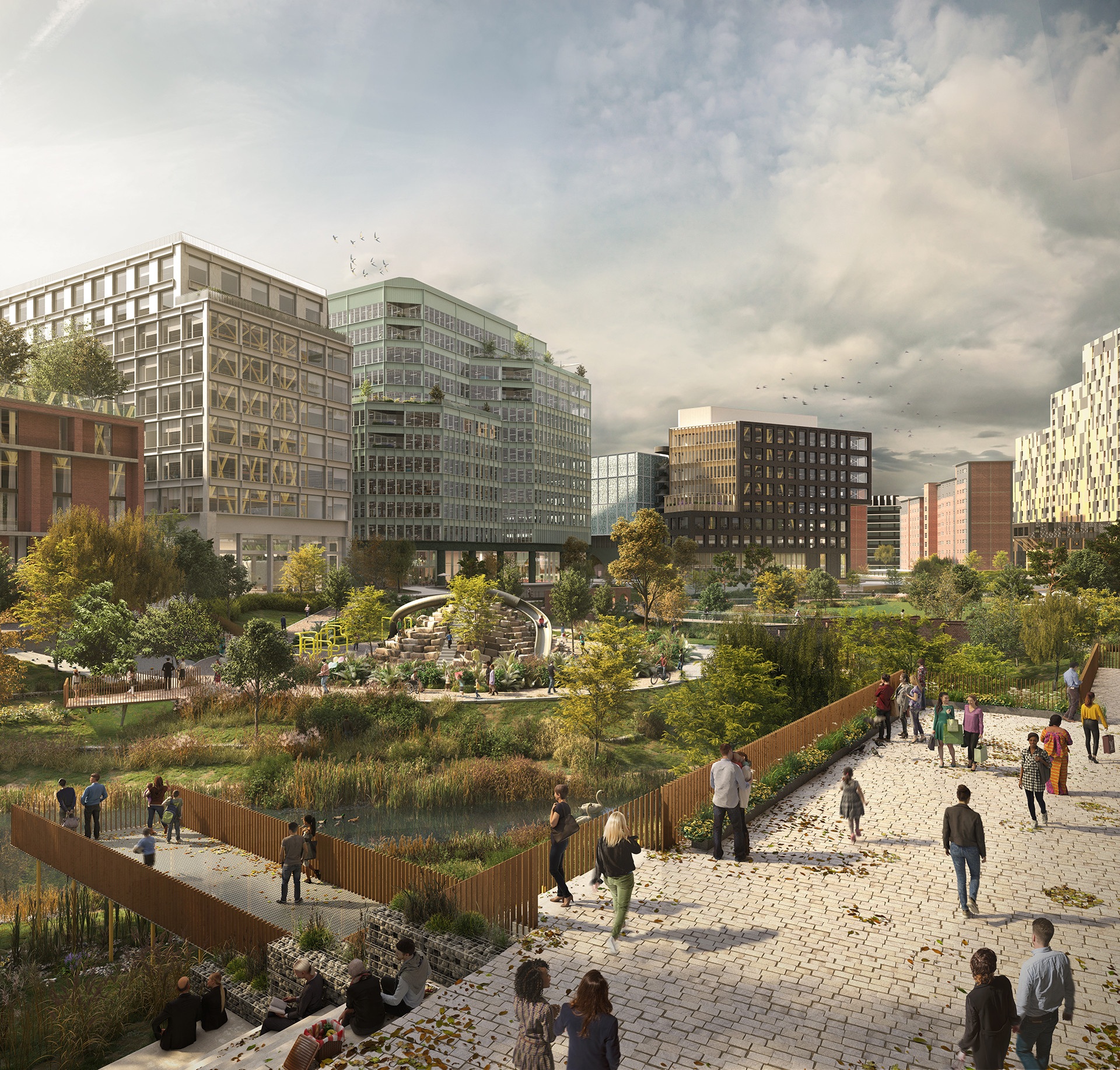 A computer generated image showing what the Mayfield Manchester development could look like. There are high rise buildings in the background, a park with a winding path and trees in the middleground, and lots of people walking along in the foreground. It is clear that wildlife is at the focus.