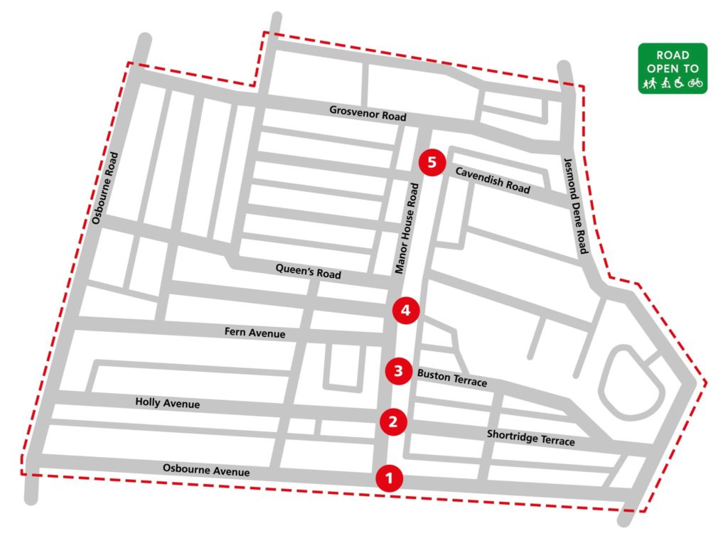 Map showing the location of the proposed low traffic neighbourhood in Jesmond. - Streets from Osborne Avenue through to Cavendish Road will have through-traffic removed. - Grosvenor Road retains through access. - Direct through routes from Osborne Road to Cradlewell are removed – except via Manor House Road, Grosvenor Road and the Jesmond Dene Road.