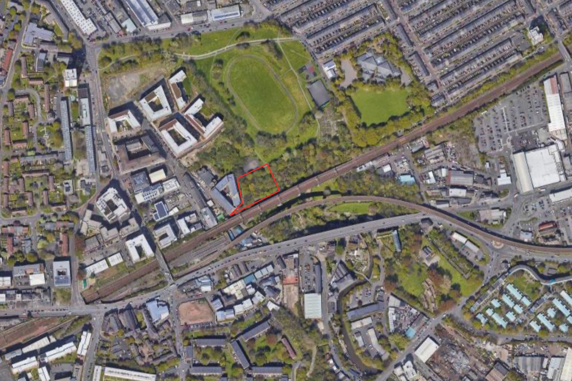 A red line around our plot along ouseburn, showing where it is in relation to the local area. It is south of the student accommodation, east of our office, north of the bars around ouseburn and West of hotspur primary school