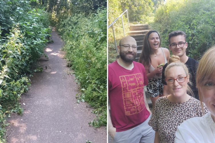 two pictures side by side, the one on the left shows a path which is overgrown with weeds and foliage, the one on the right shows members of the EP team Will, Rosie, Tom, Jenna and Alison from left to right after cutting back a lot of the shrubs