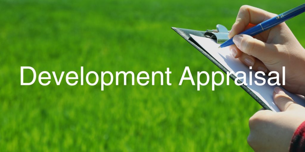 A hand holds a clipboard and a pen at the right of the image, with grass taking up the rest of the image, the text 'development appraisal' is at the forefront of the time