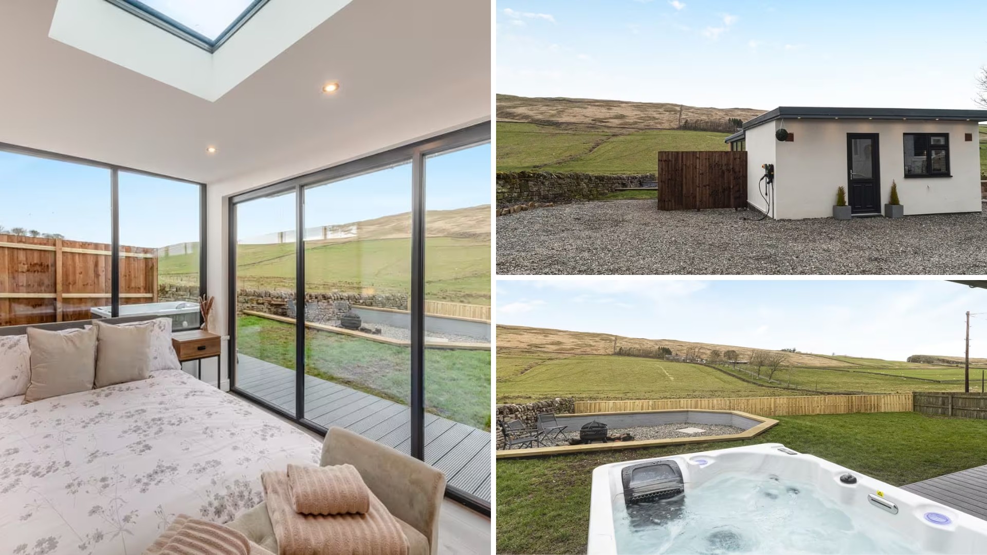 the image is made of three pictures, to the left there is a bed looking out over a field and a fire pit, to the upper right is the holiday accommodation itself - a white building with views of the national park, and to the bottom right is a hot tub with the views out over the national park 